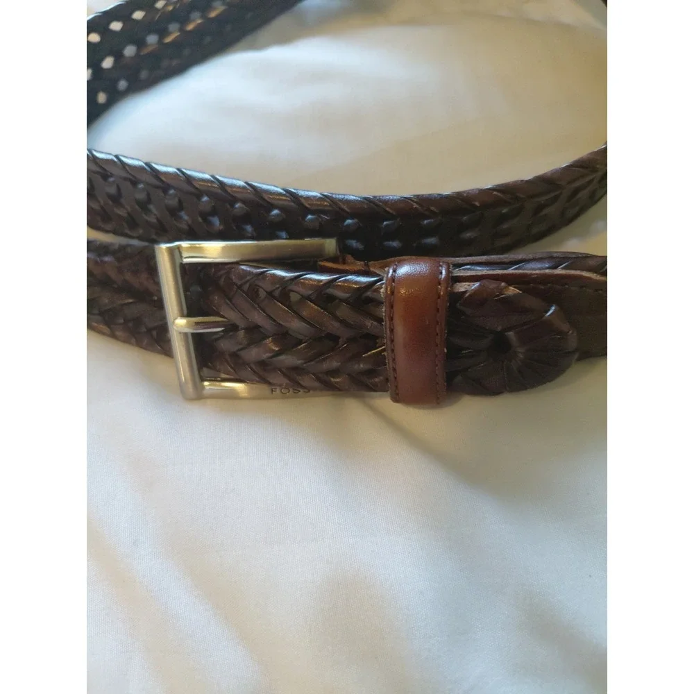 Fossil Brown Mens 42 Braided Leather Brown Adjustable Woven Classic